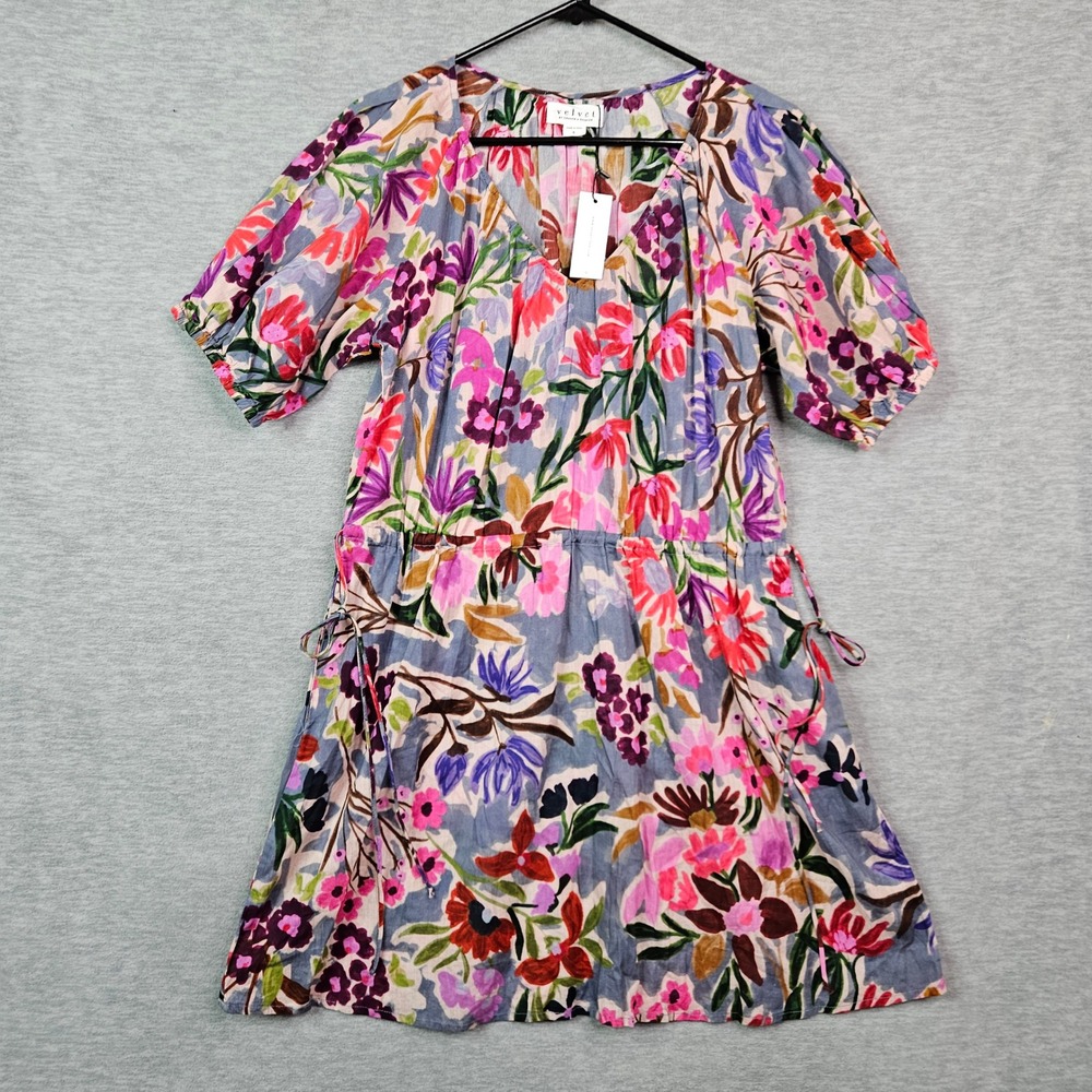 Velvet by Graham & Spencer Floral Cotton Mini Dress Blue Pink Small NWT